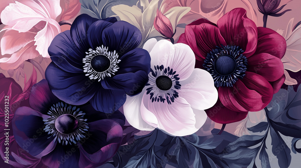 An illustration of multicolored anemones and bellflowers on a pastel background. Delicate petal lines and rich colors create a harmonious composition An illustration of multicolored anemones and bellflowers on a pastel background. Delicate petal lines and rich colors create a harmonious composition