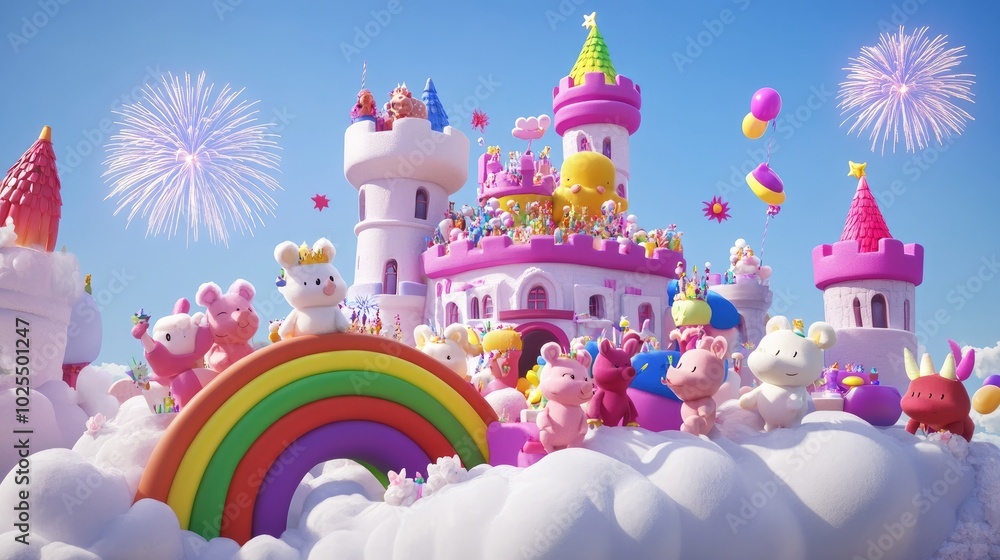 A group of 3D animated animals partying on a cloud castle, with a rainbow bridge and fireworks brightening the sky above. A group of 3D animated animals partying on a cloud castle, with a rainbow bridge and fireworks brightening the sky above.