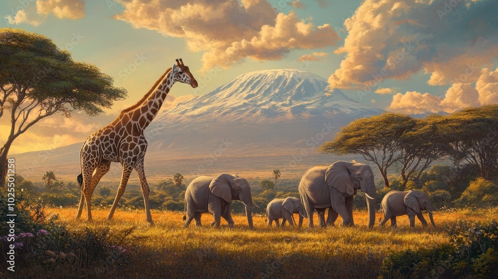 Obraz premium Majestic Giraffe and Elephants Under Mountain Sunset