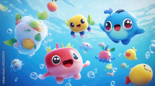 A group of 3D animated characters diving into an ocean of jelly, surrounded by floating fruits and candy fish.