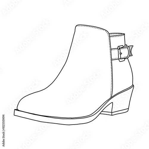 Women's Boots Chunky Low Heel Ankle Booties Shoes with strap Line art, Technical sketch hand drawing outline vector doodle illustration side 3D Isometric view isolated on white background