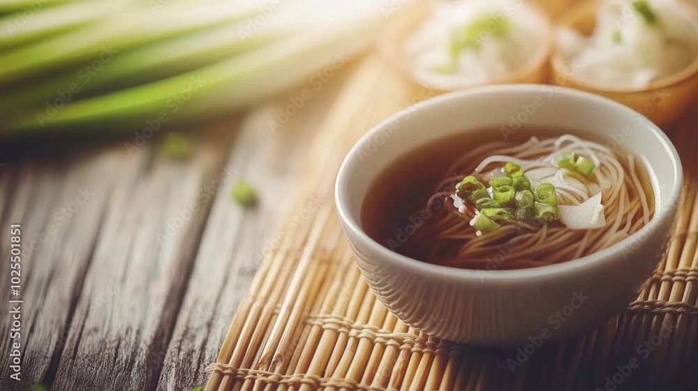 Delicious Noodle Bowl with Scallions and Broth Delicious Noodle Bowl with Scallions and Broth