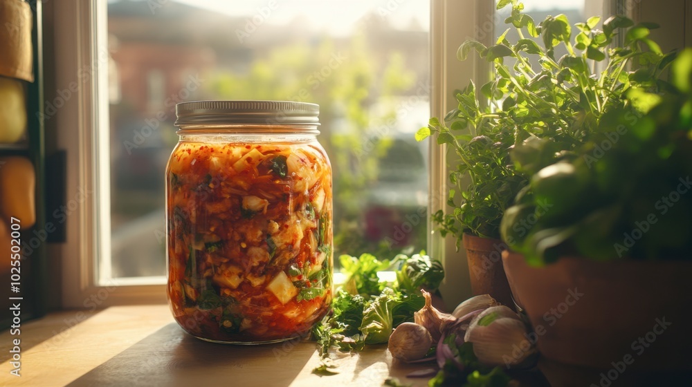 Fresh Homemade Pickles in a Jar by the Window Fresh Homemade Pickles in a Jar by the Window