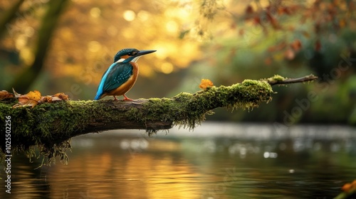 Colorful Kingfisher Perched by Calm Waters at Sunset
