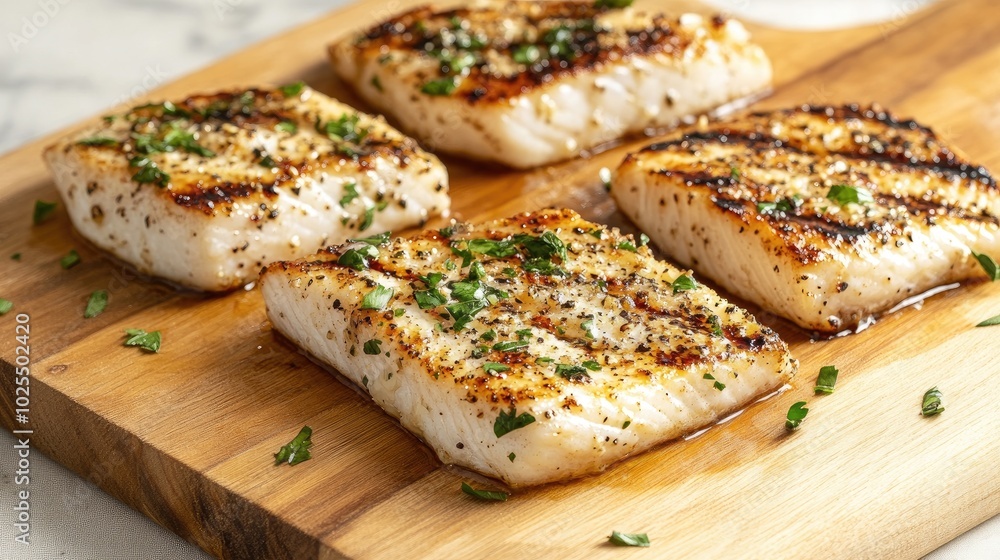 Grilled Fish Fillets on Wooden Board Grilled Fish Fillets on Wooden Board