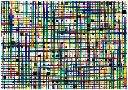 カラフルな縦横のラインの交差と黒いタイルの構成