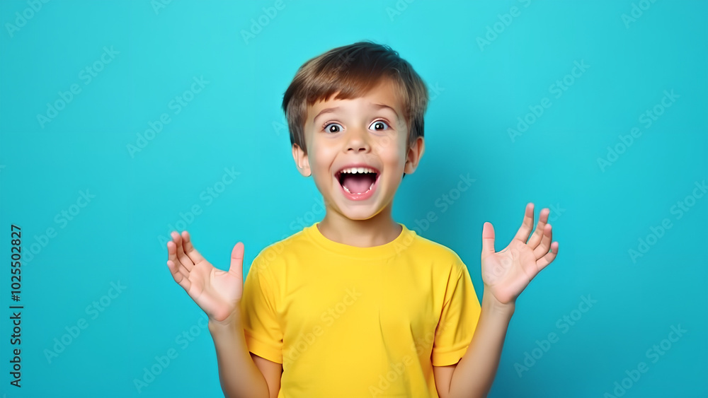 Little kid boy caucasian smile happy wearing yellow shirt on blue background Strong smart and funny little boy Excited wow hand up young student's joyful moment Little kid boy caucasian smile happy wearing yellow shirt on blue background Strong smart and funny little boy Excited wow hand up young student's joyful moment