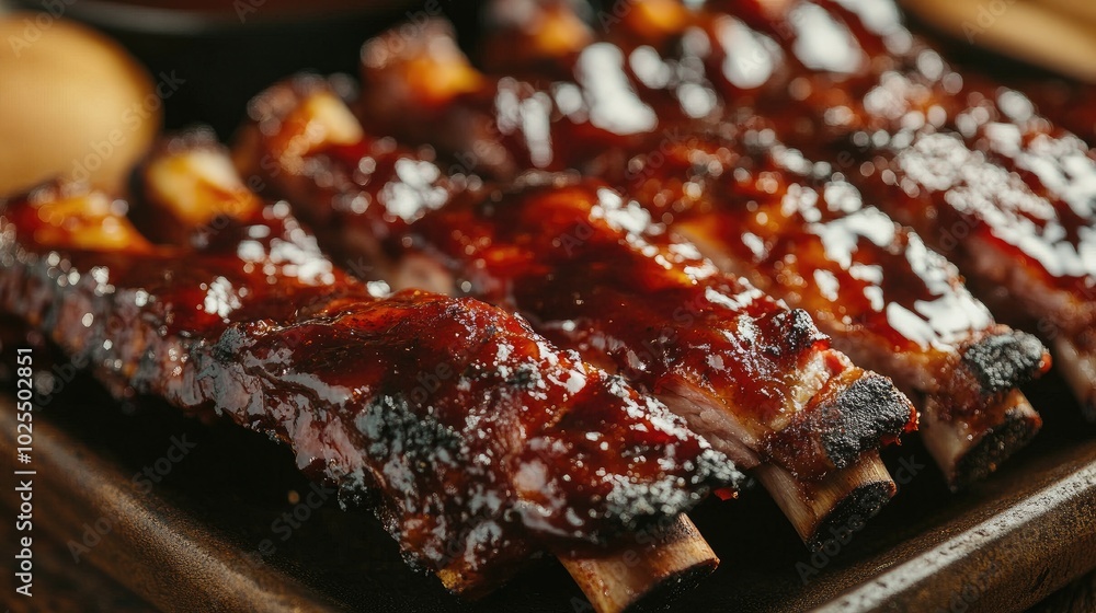 Delicious BBQ Ribs on Rustic Wooden Platter Delicious BBQ Ribs on Rustic Wooden Platter