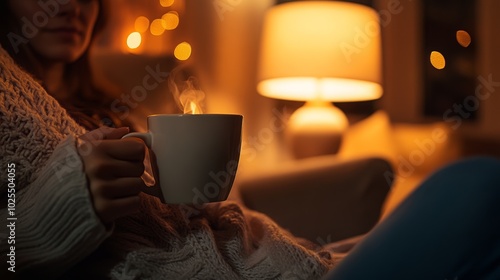 A woman smiling and drinking coffee at home in the morning, holding a mug