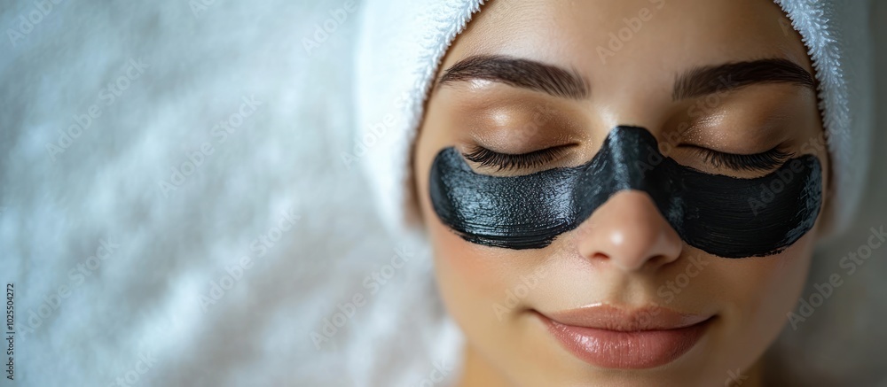 Closeup of a young woman with black under eye patches relaxing on a white towel with her eyes closed. Closeup of a young woman with black under eye patches relaxing on a white towel with her eyes closed.