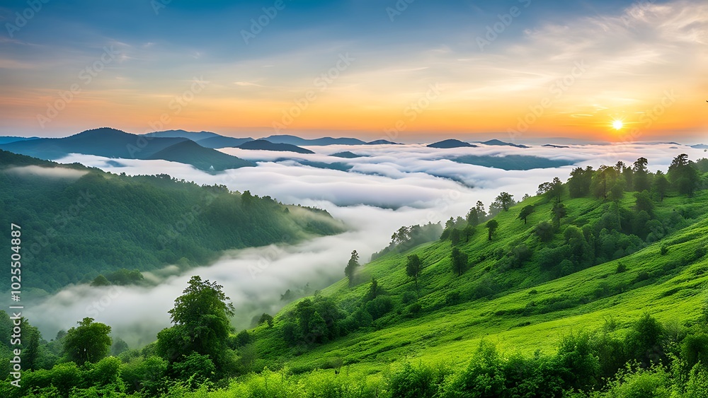 Fototapeta premium Sunrise Over Foggy Mountain Landscape