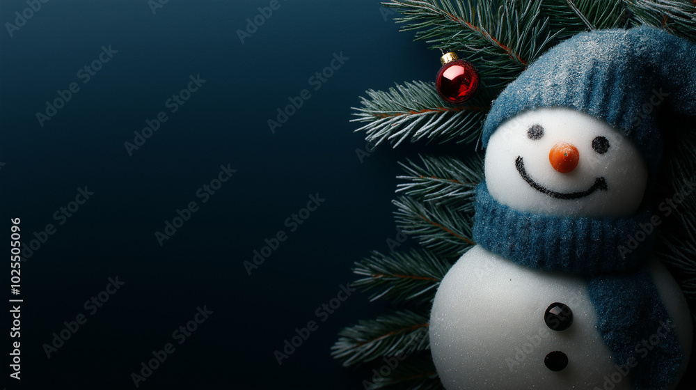 Fototapeta premium A joyful snowman with a charming smile and a blue scarf sits against a dark backdrop, accented by evergreen branches and red holiday ornaments, evoking Christmas spirit, copy space