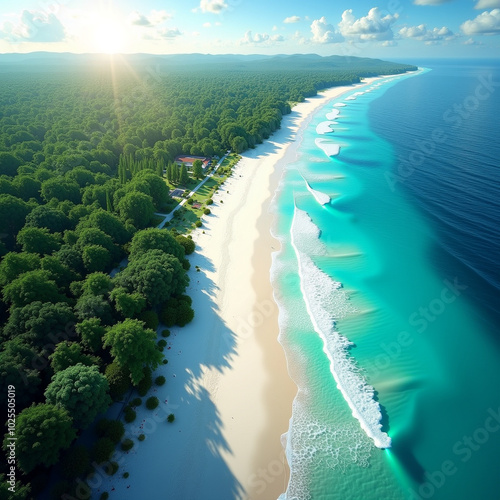 A Tranquil Coastal Paradise: White Sandy Beach, Crystal Waters, and Lush Greenery Captured from Above with Generative AI
