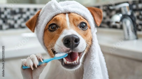 Pampered Pooch in Stylish Bathroom - Dog in Towel Turban Brushing Teeth in Modern Sink Area, Copy Space Available on Sides