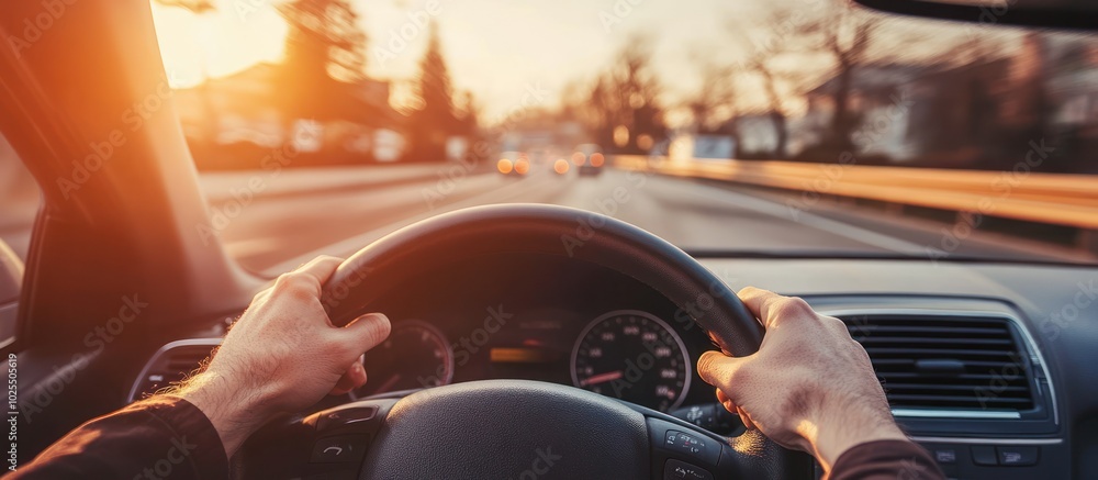 Driver's perspective from inside a car on a highway, with a sunset in the background. Driver's perspective from inside a car on a highway, with a sunset in the background.