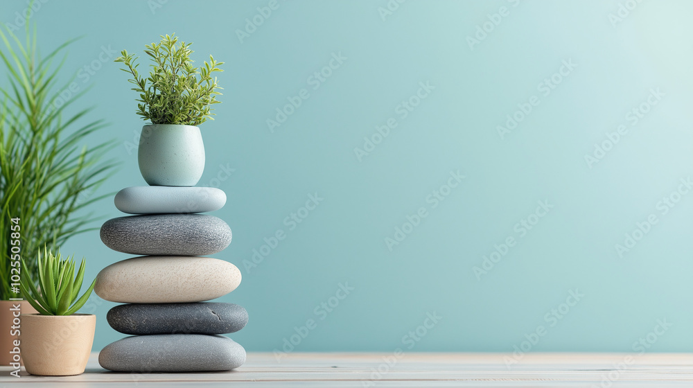Fototapeta premium Soft hues create a tranquil atmosphere with stacked stones and vibrant potted plants, embodying the essence of psychological relief and mental wellness, copy space
