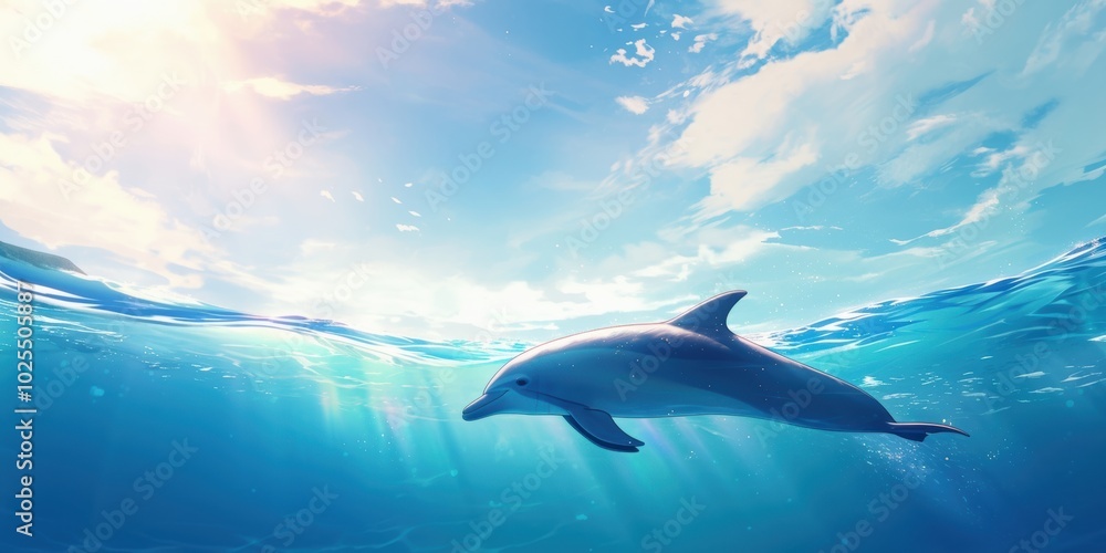 Fototapeta premium Dolphin Swimming in the Ocean with Bright Blue Water and White Fluffy Clouds in the Sky