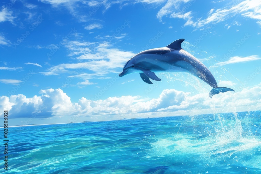 Fototapeta premium A Dolphin Leaps Through the Air Above Crystal Clear Ocean Waters on a Sunny Day