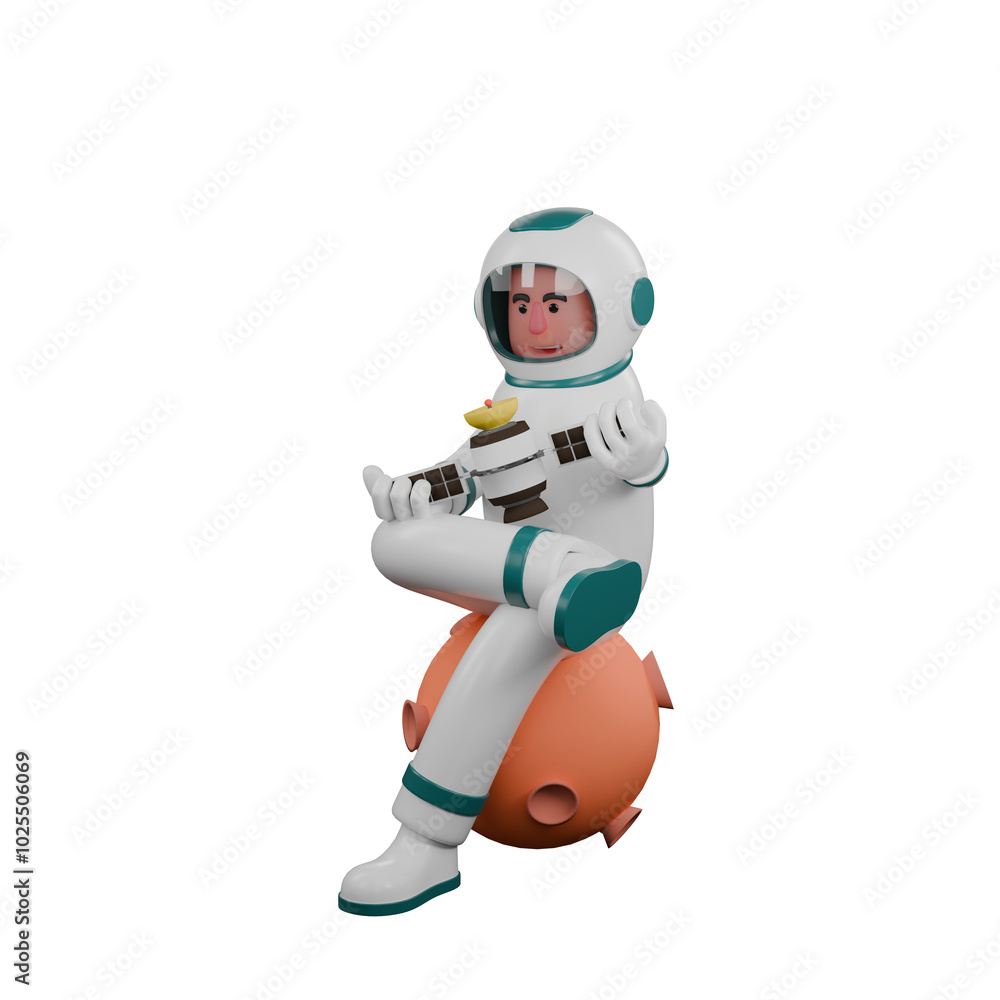 Cartoon Style Space Explorer. A male astronaut sits on a replica of the moon holding a satellite in both hands. 3D Male Cartoon Style Space Explorer. A male astronaut sits on a replica of the moon holding a satellite in both hands. 3D Male