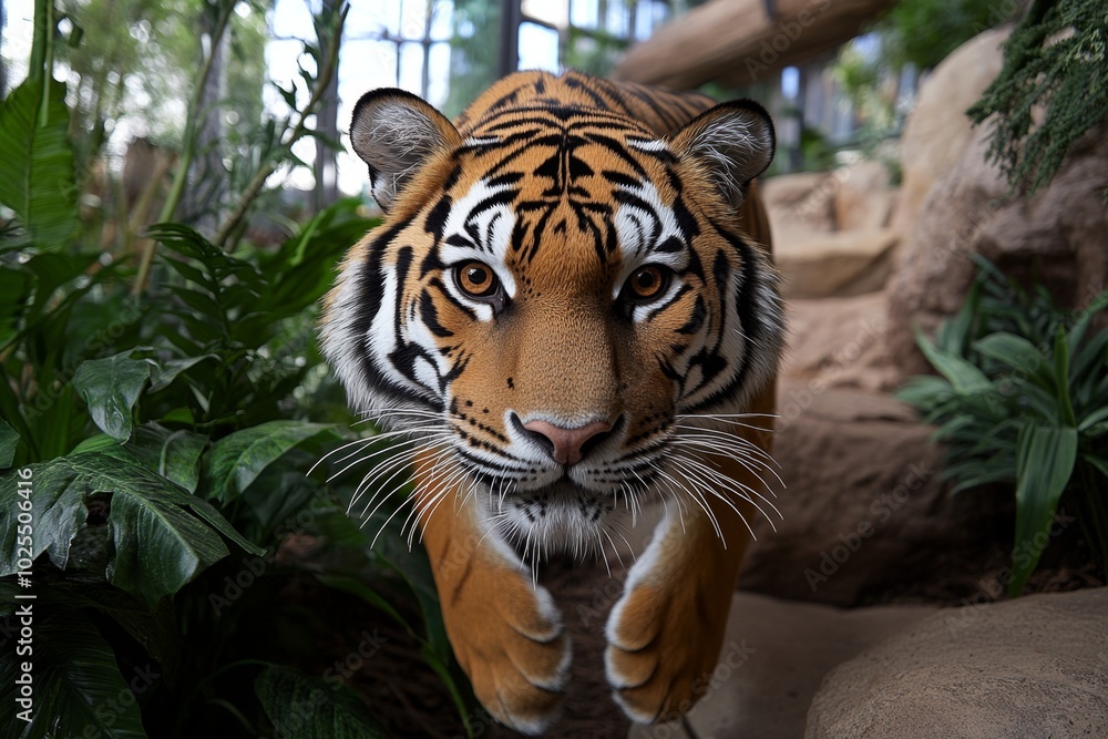 3D-rendered tiger stalking through a jungle habitat, with lifelike movements and textures, allowing visitors to explore the enclosure from different angles 3D-rendered tiger stalking through a jungle habitat, with lifelike movements and textures, allowing visitors to explore the enclosure from different angles