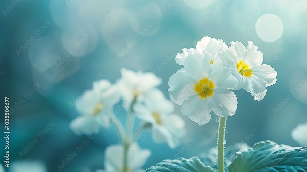 Delicate spring forest primroses in bloom with soft white petals on a blurred sky-blue background – romantic floral nature wallpaper for peaceful designs, elegant home décor, and soothing visual proje Delicate spring forest primroses in bloom with soft white petals on a blurred sky-blue background – romantic floral nature wallpaper for peaceful designs, elegant home décor, and soothing visual proje