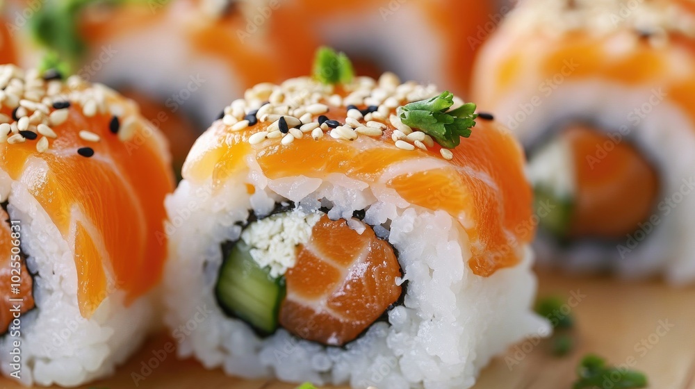 Fresh Salmon Sushi Rolls with Garnish Fresh Salmon Sushi Rolls with Garnish