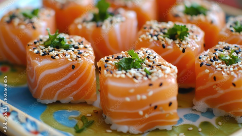 Fresh Salmon Sushi with Sesame Seeds and Herbs Fresh Salmon Sushi with Sesame Seeds and Herbs