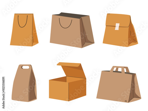 Set recycling paper eco bags. ardboard box, kraft paper pack, shopping bag