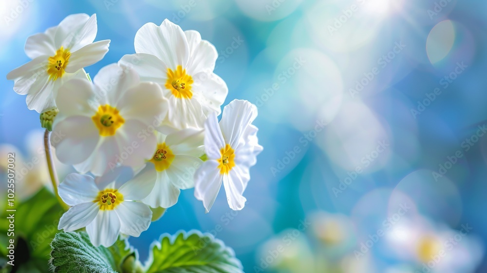 Delicate spring forest primroses in bloom with soft white petals on a blurred sky-blue background – romantic floral nature wallpaper for peaceful designs, elegant home décor, and soothing visual proje Delicate spring forest primroses in bloom with soft white petals on a blurred sky-blue background – romantic floral nature wallpaper for peaceful designs, elegant home décor, and soothing visual proje