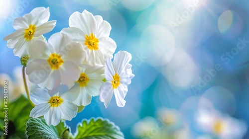 Delicate spring forest primroses in bloom with soft white petals on a blurred sky-blue background – romantic floral nature wallpaper for peaceful designs, elegant home décor, and soothing visual proje