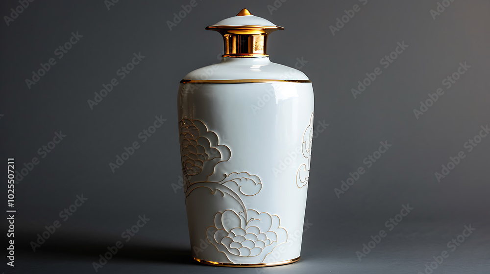White ceramic bottle with embossed floral design and gold trim, against a gray backdrop. White ceramic bottle with embossed floral design and gold trim, against a gray backdrop.