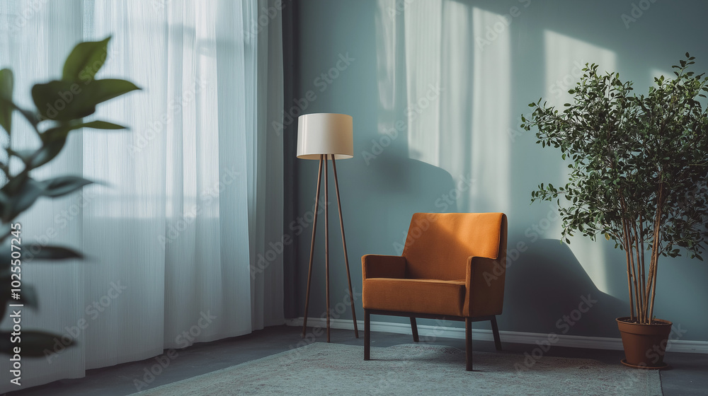 A bright and inviting therapy room features a comfortable orange chair, gentle lighting, and greenery, creating an atmosphere conducive to emotional healing and mental health, copy space A bright and inviting therapy room features a comfortable orange chair, gentle lighting, and greenery, creating an atmosphere conducive to emotional healing and mental health, copy space