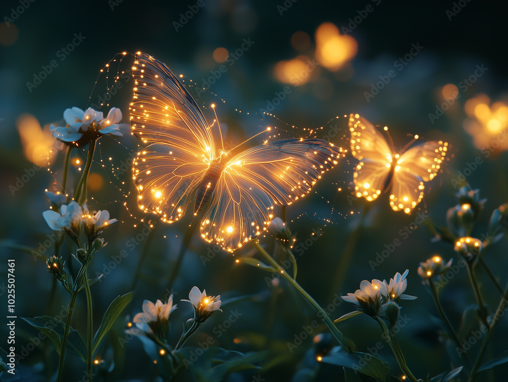 A captivating depiction of butterflies' journey, featuring their flight paths as glowing trails like optical fibers. This image illustrates their navigation and foraging behaviors, revealing interacti