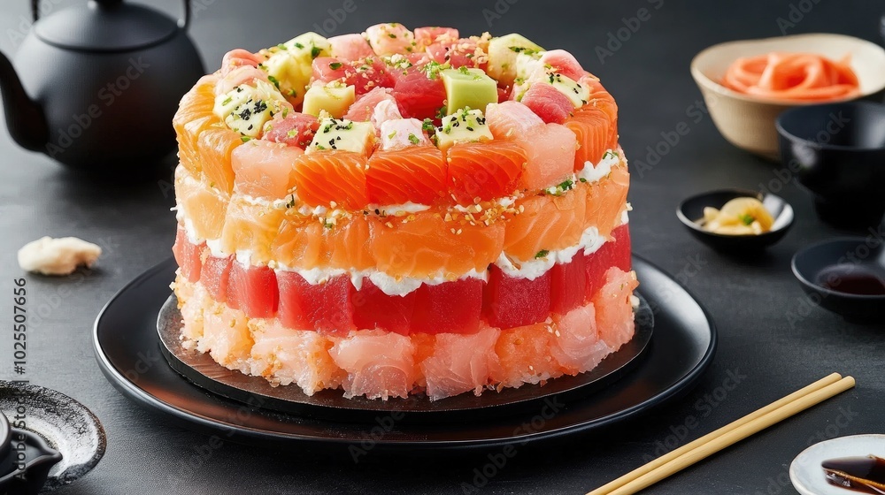 Vibrant Layered Sushi Cake with Fresh Ingredients Vibrant Layered Sushi Cake with Fresh Ingredients