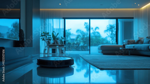 robotic vacuum cleaner operates in modern living room, showcasing sleek design and advanced technology. serene atmosphere is enhanced by soft lighting and stylish interior