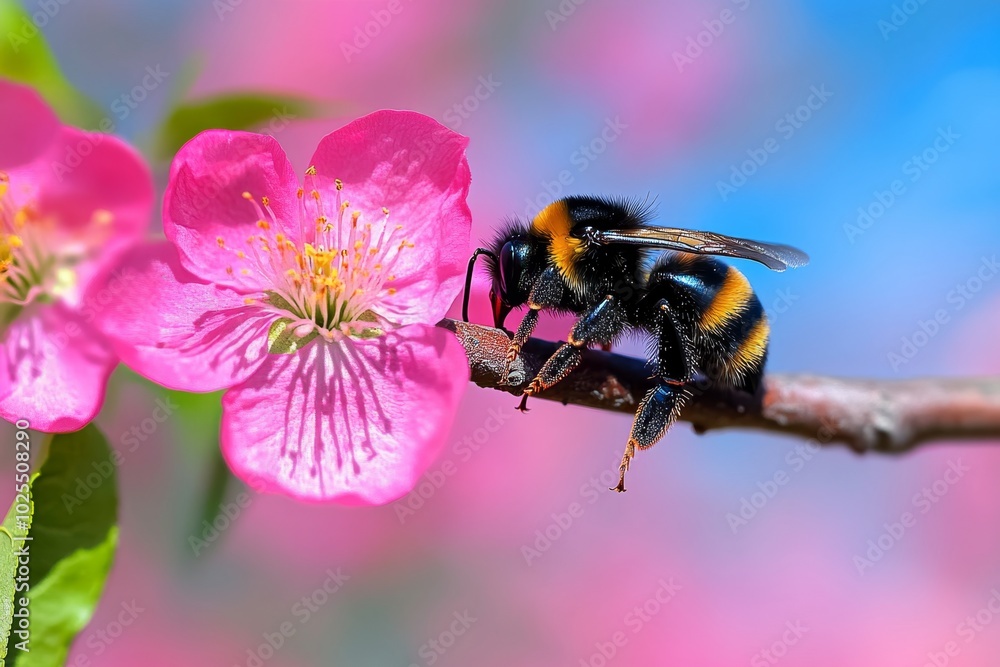Bumblebee resting on a peach tree branch, surrounded by bright pink blooms, with the sunlight filtering through the orchard Bumblebee resting on a peach tree branch, surrounded by bright pink blooms, with the sunlight filtering through the orchard
