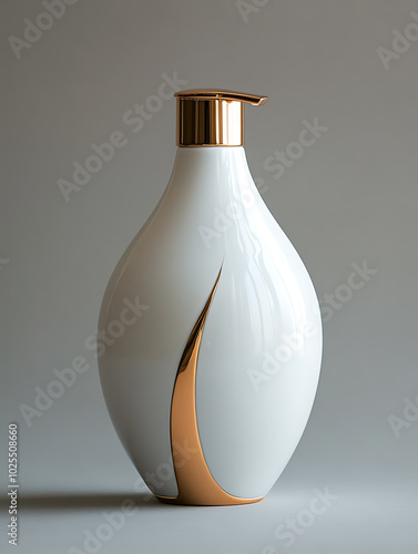 Elegant white bottle with gold accents and a pump top, a luxurious design for any bathroom or vanity. photo