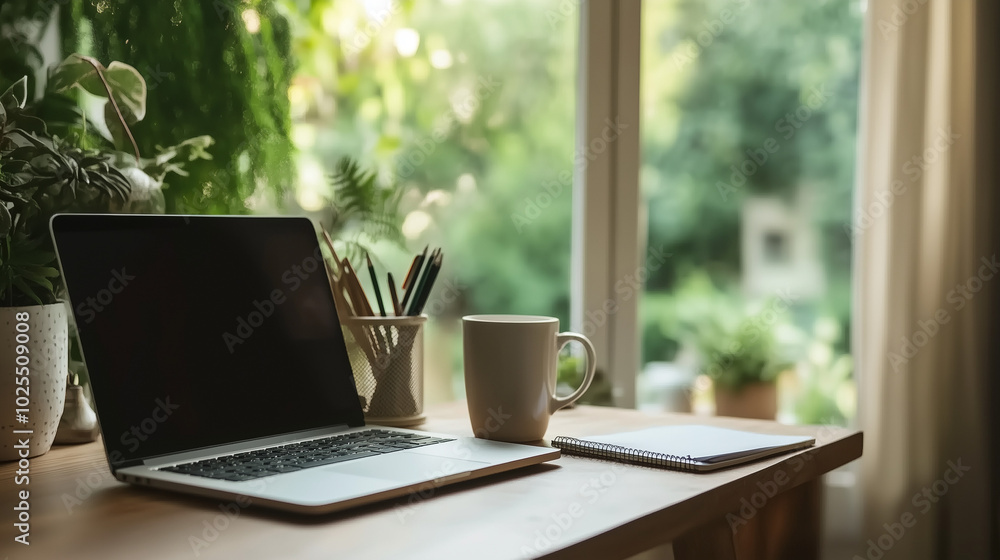 A stylish home office setup with a laptop, coffee cup, and notepad on a wooden desk A stylish home office setup with a laptop, coffee cup, and notepad on a wooden desk