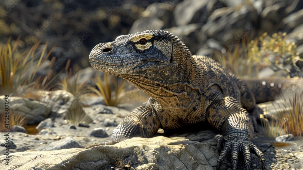 A Komodo Dragon Resting on Rocks in a Sunlit Forest A Komodo Dragon Resting on Rocks in a Sunlit Forest
