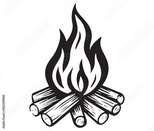 Burning bonfire with a large flame for camping, Illustration of a fire icon, Campfire silhouette vector, Campfire icon