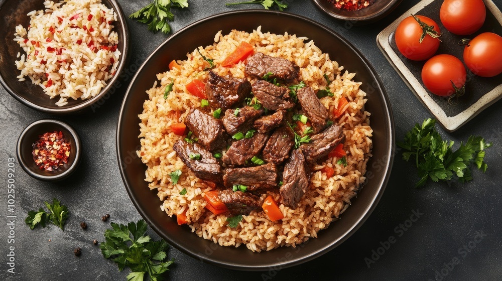 Savory Beef with Rice and Fresh Vegetables Savory Beef with Rice and Fresh Vegetables