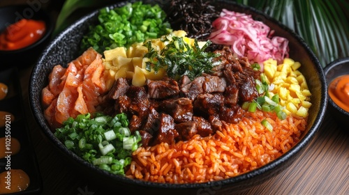 Colorful Bowl of Fresh Ingredients and Savory Meat