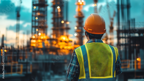 A construction worker in a safety vest and hard hat stands looking at a large structure under construction. The image is taken from behind the worker.