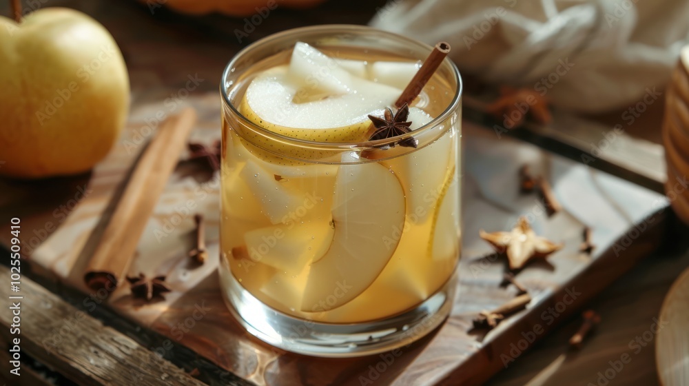 Glass of Pear and Spice Infused Beverage with Cinnamon Stick Glass of Pear and Spice Infused Beverage with Cinnamon Stick