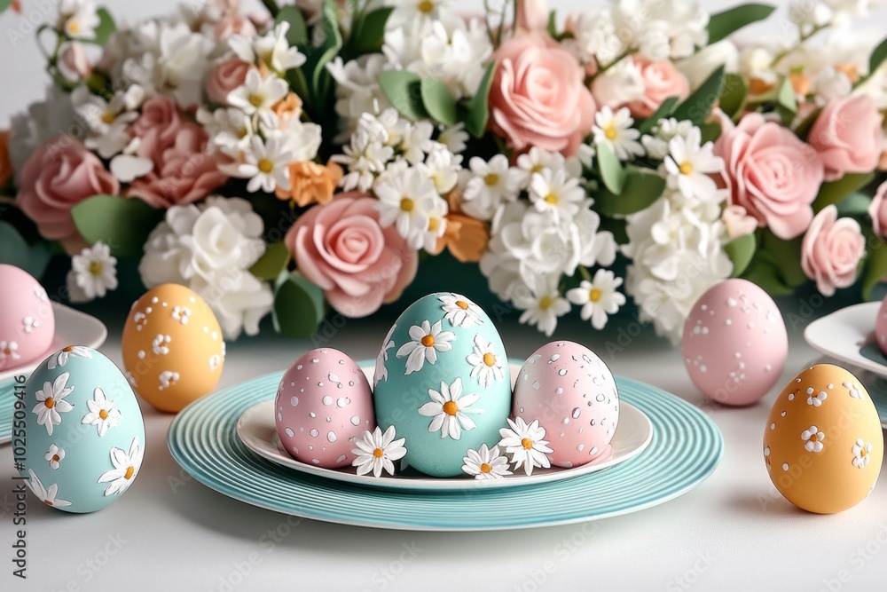 Delicate watercolor of an Easter table setting, with floral arrangements, painted eggs, and pastel-colored dishes, creating a light and festive atmosphere Delicate watercolor of an Easter table setting, with floral arrangements, painted eggs, and pastel-colored dishes, creating a light and festive atmosphere