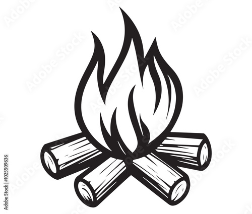 Burning bonfire with a large flame for camping, Illustration of a fire icon, Campfire silhouette vector, Campfire icon