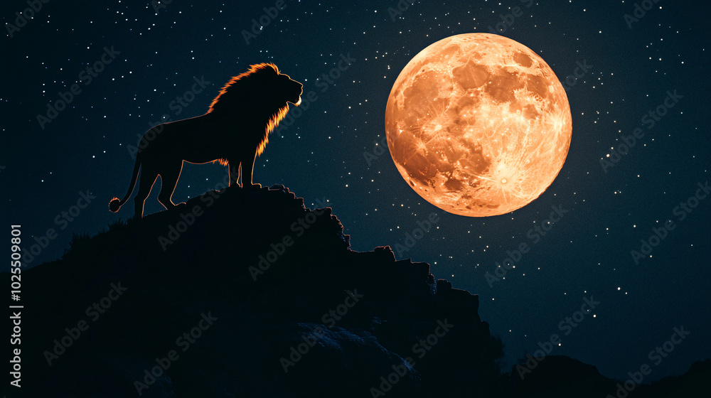 silhouette of lion against orange full moon and starry night sky silhouette of lion against orange full moon and starry night sky