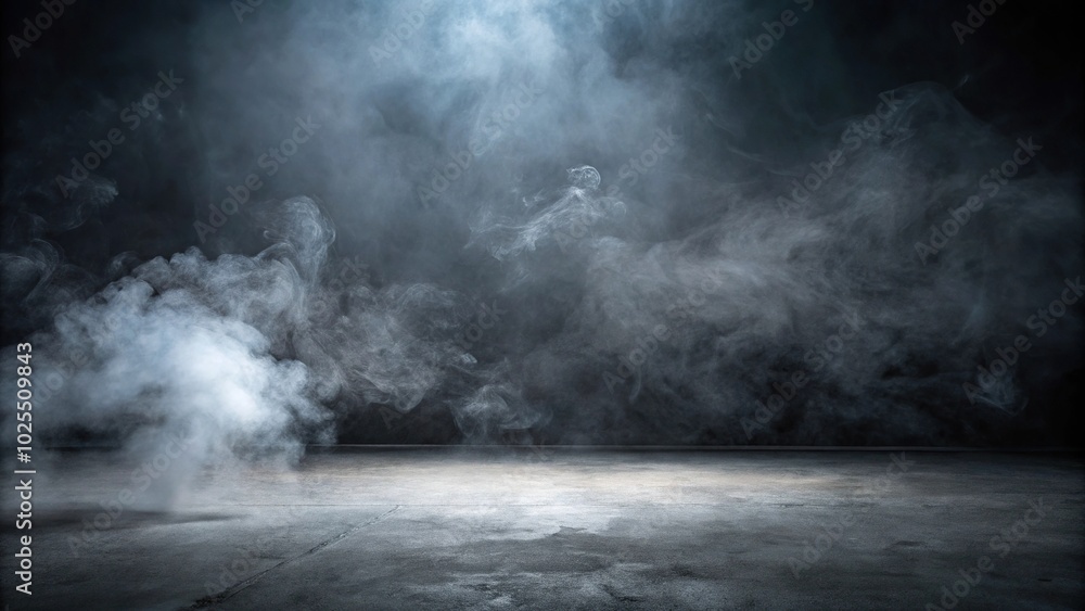 Dark industrial room with concrete floor covered in smoke Dark industrial room with concrete floor covered in smoke