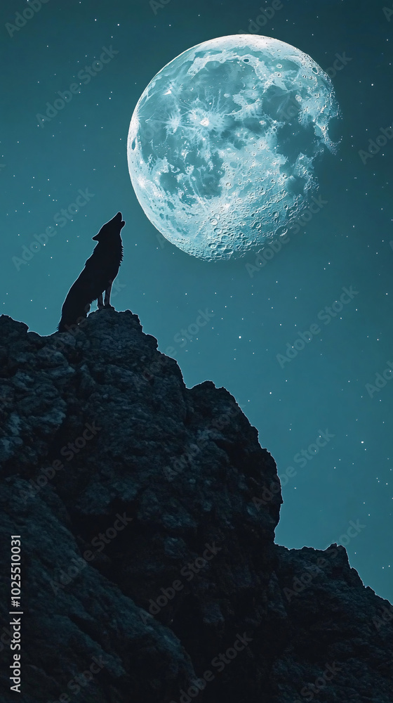 silhouette of a howling wolf on a rocky hill underneath a full blue moon and starry sky silhouette of a howling wolf on a rocky hill underneath a full blue moon and starry sky