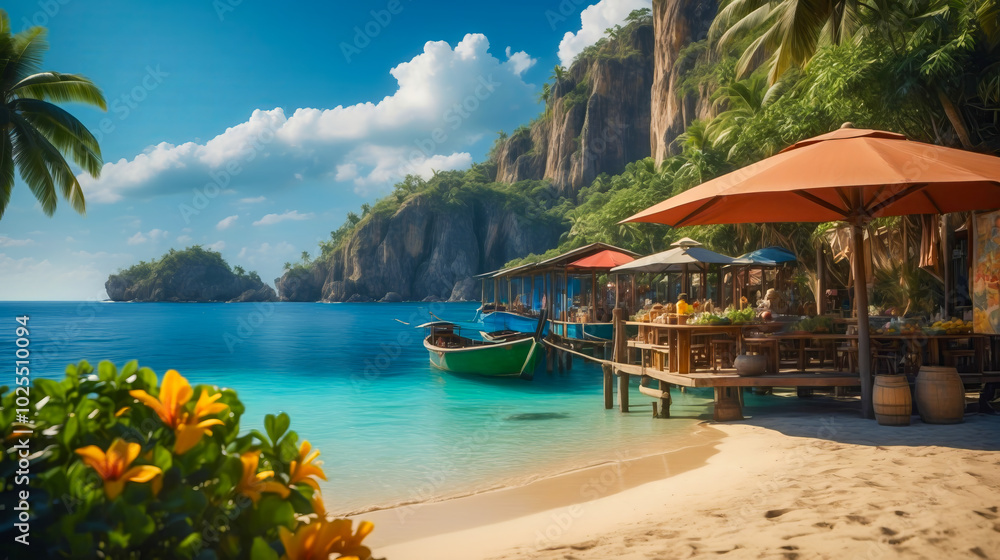 Naklejka premium Ai generated an image of a Tropical local fruit market, delicious looking with vibrant colors, waiting for tourists to tantalize their taste buds